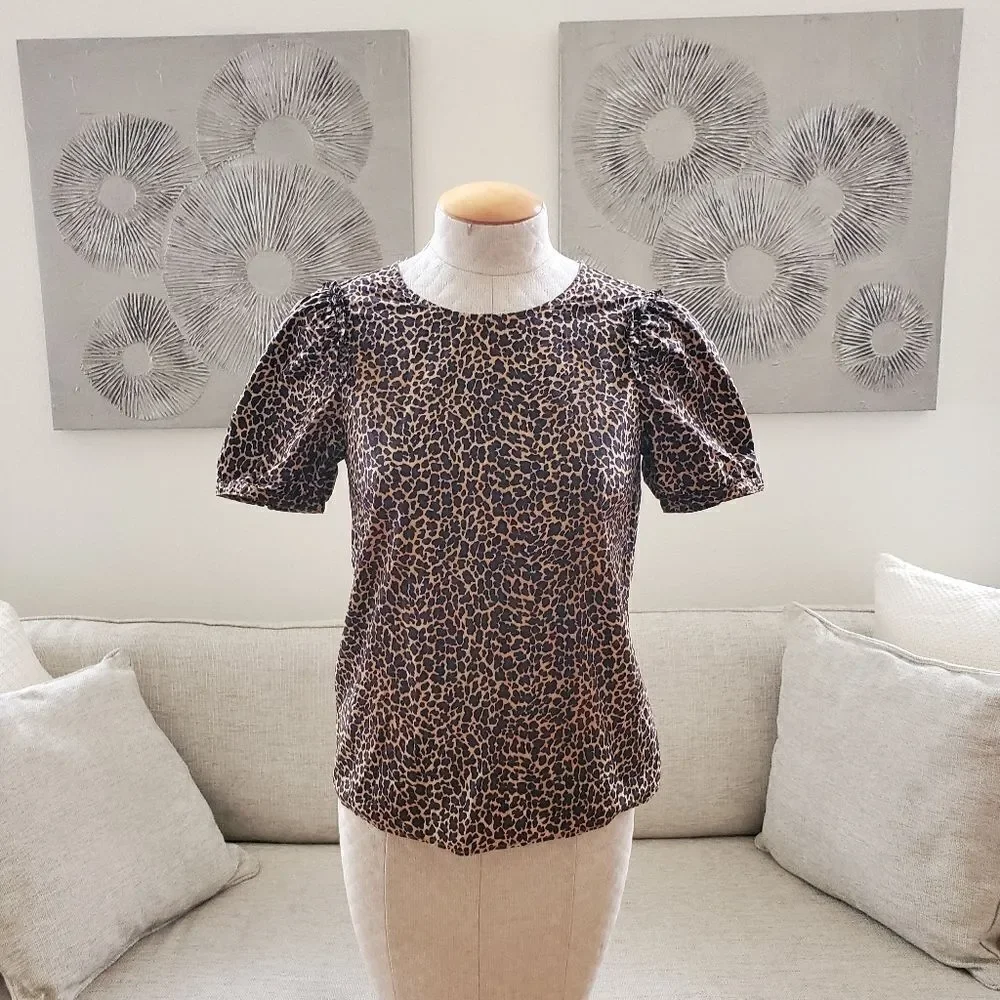 J. Crew Short Sleeve Puff Sleeve Leopard Print Top Size XS